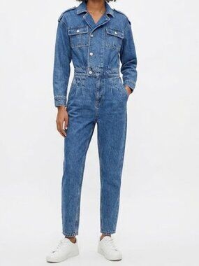 Zara Asymmetrical Moto Utility Denim Jumpsuit Boiler Suit Medium Wash Size S